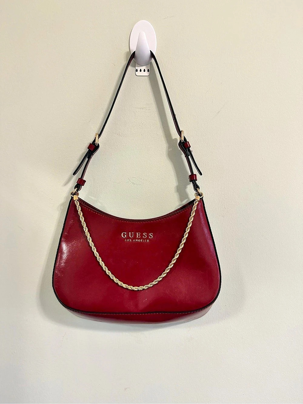GUESS Red Faux Leather Crescent Hobo Bag with Gold Rope Chain Accent - Mint Cond